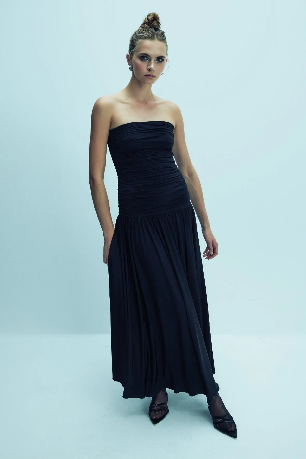 Amber Strapless Jersey Long Dress in Black