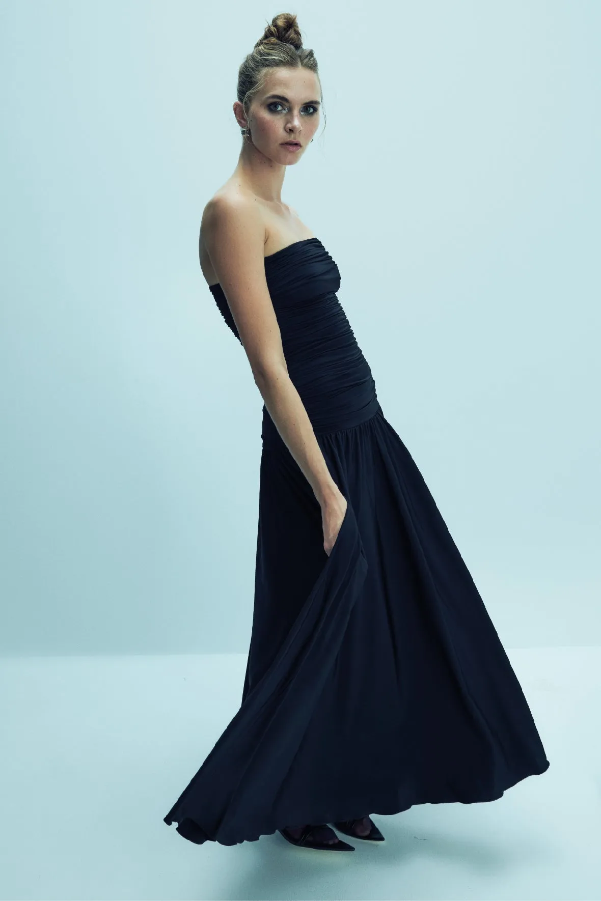 Amber Strapless Jersey Long Dress in Black