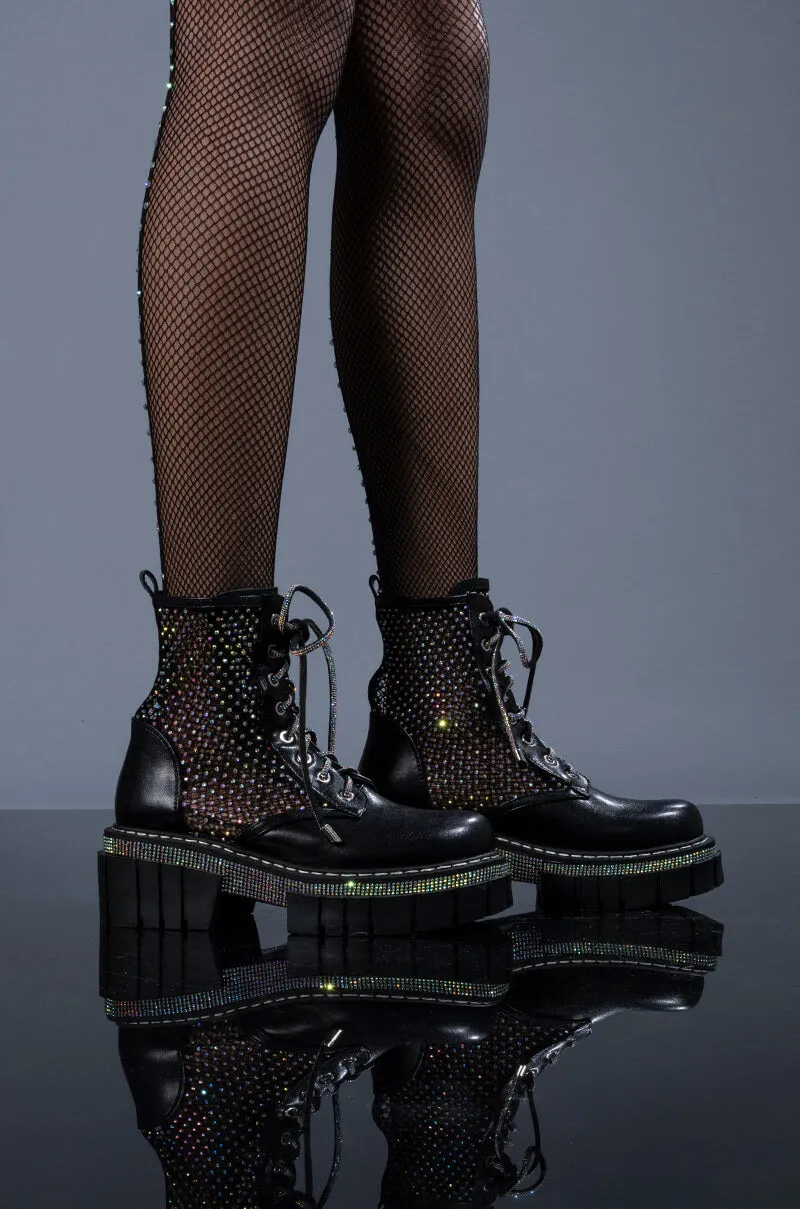 AZALEA WANG DIAMOND DRIP FLATFORM BOOTIE IN BLACK