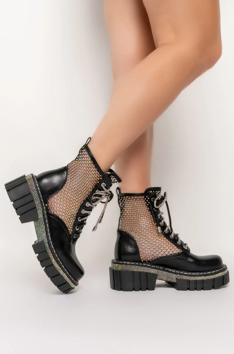 AZALEA WANG DIAMOND DRIP FLATFORM BOOTIE IN BLACK