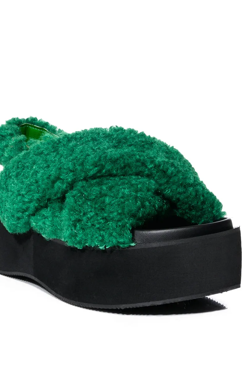 AZALEA WANG HANNAH FUR FLATFORM SANDAL IN GREEN