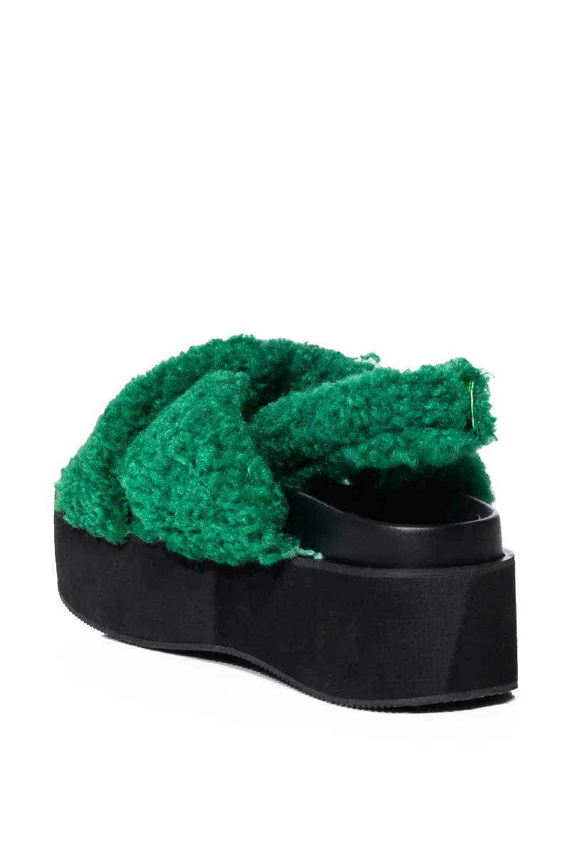 AZALEA WANG HANNAH FUR FLATFORM SANDAL IN GREEN