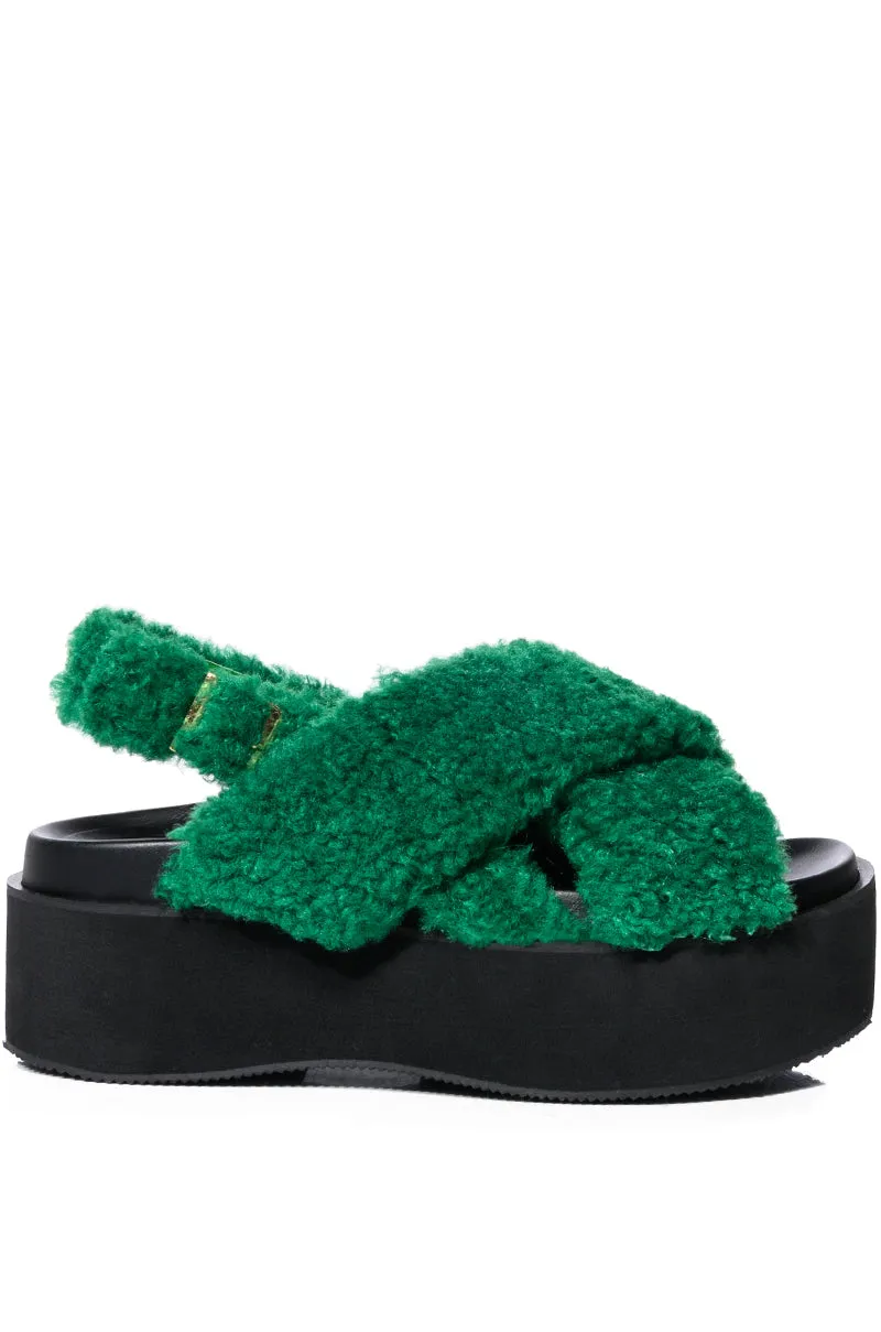 AZALEA WANG HANNAH FUR FLATFORM SANDAL IN GREEN