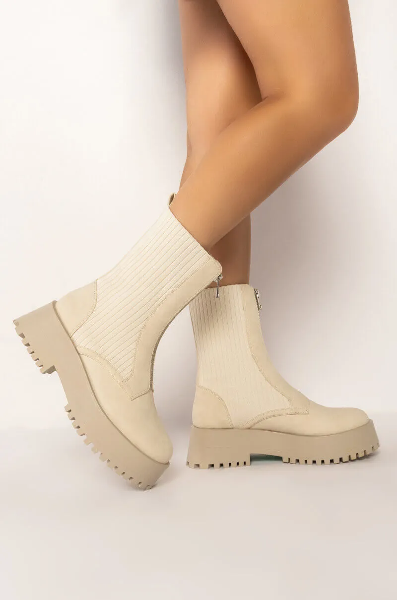 AZALEA WANG KENNEDY KNIT FRONT ZIP FLATFORM BOOTIE IN BONE