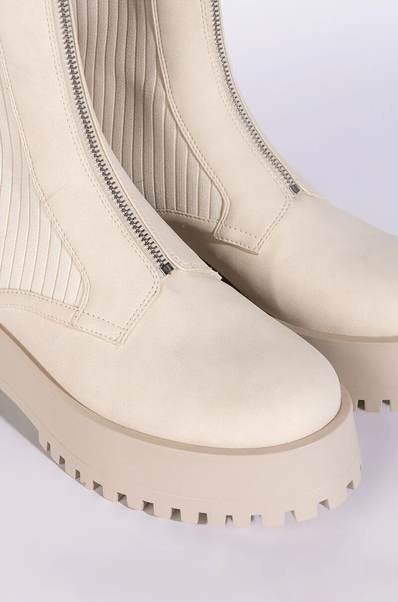 AZALEA WANG KENNEDY KNIT FRONT ZIP FLATFORM BOOTIE IN BONE