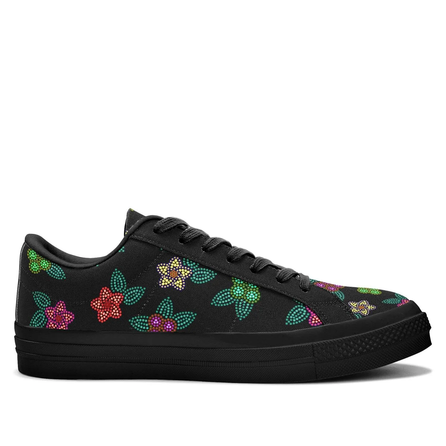 Berry Flowers Black Aapisi Low Top Canvas Shoes Black Sole