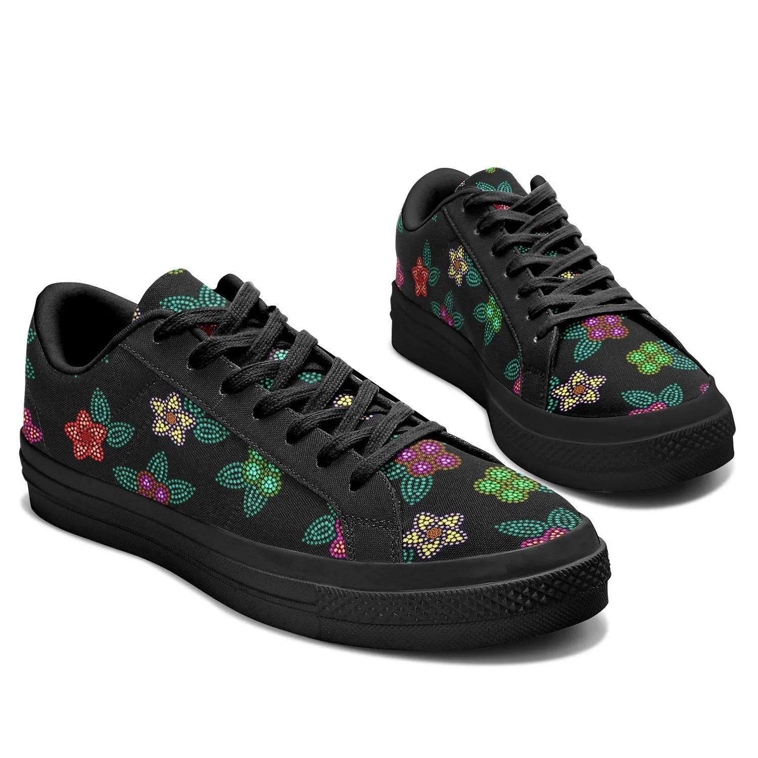 Berry Flowers Black Aapisi Low Top Canvas Shoes Black Sole