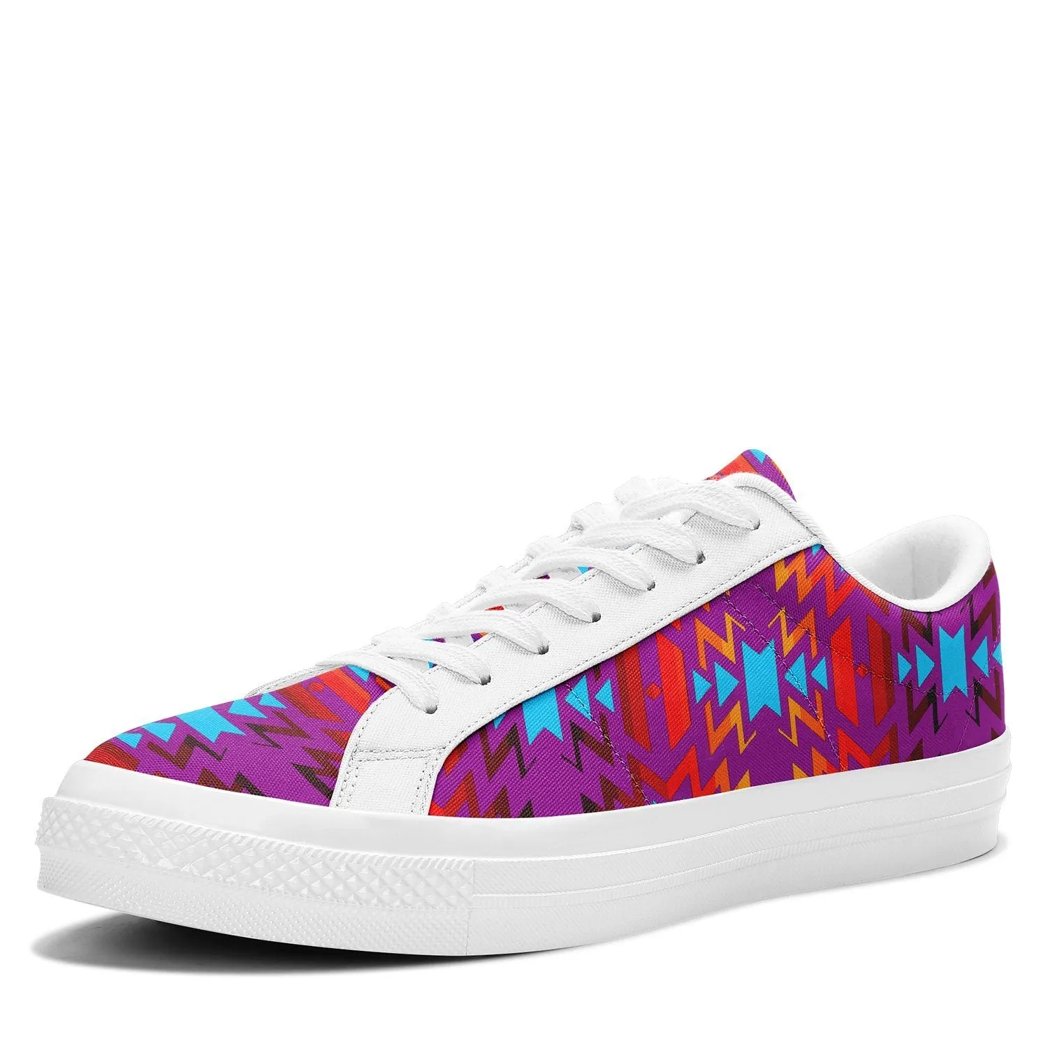 Big Pattern Fire Colors and Turquoise Purple Aapisi Low Top Canvas Shoes White Sole