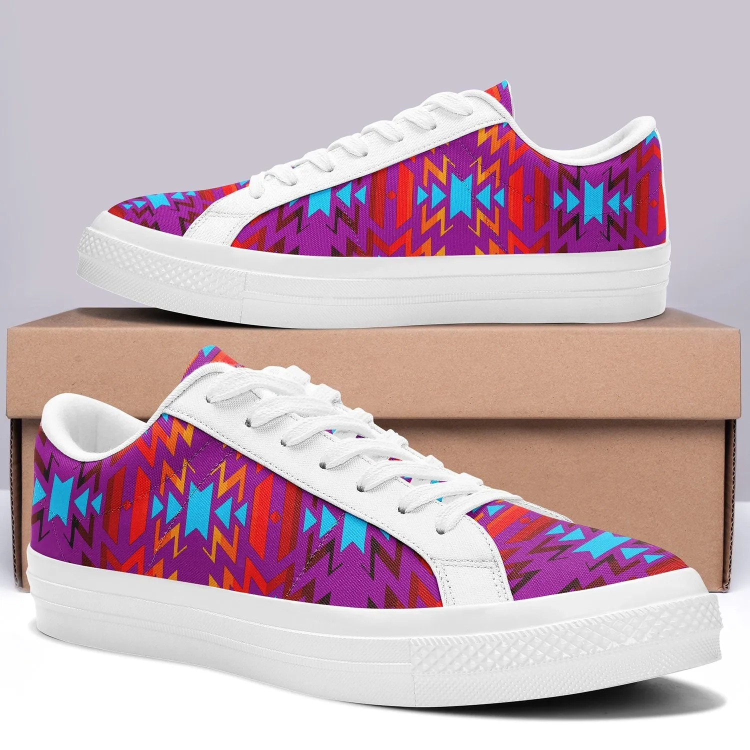 Big Pattern Fire Colors and Turquoise Purple Aapisi Low Top Canvas Shoes White Sole