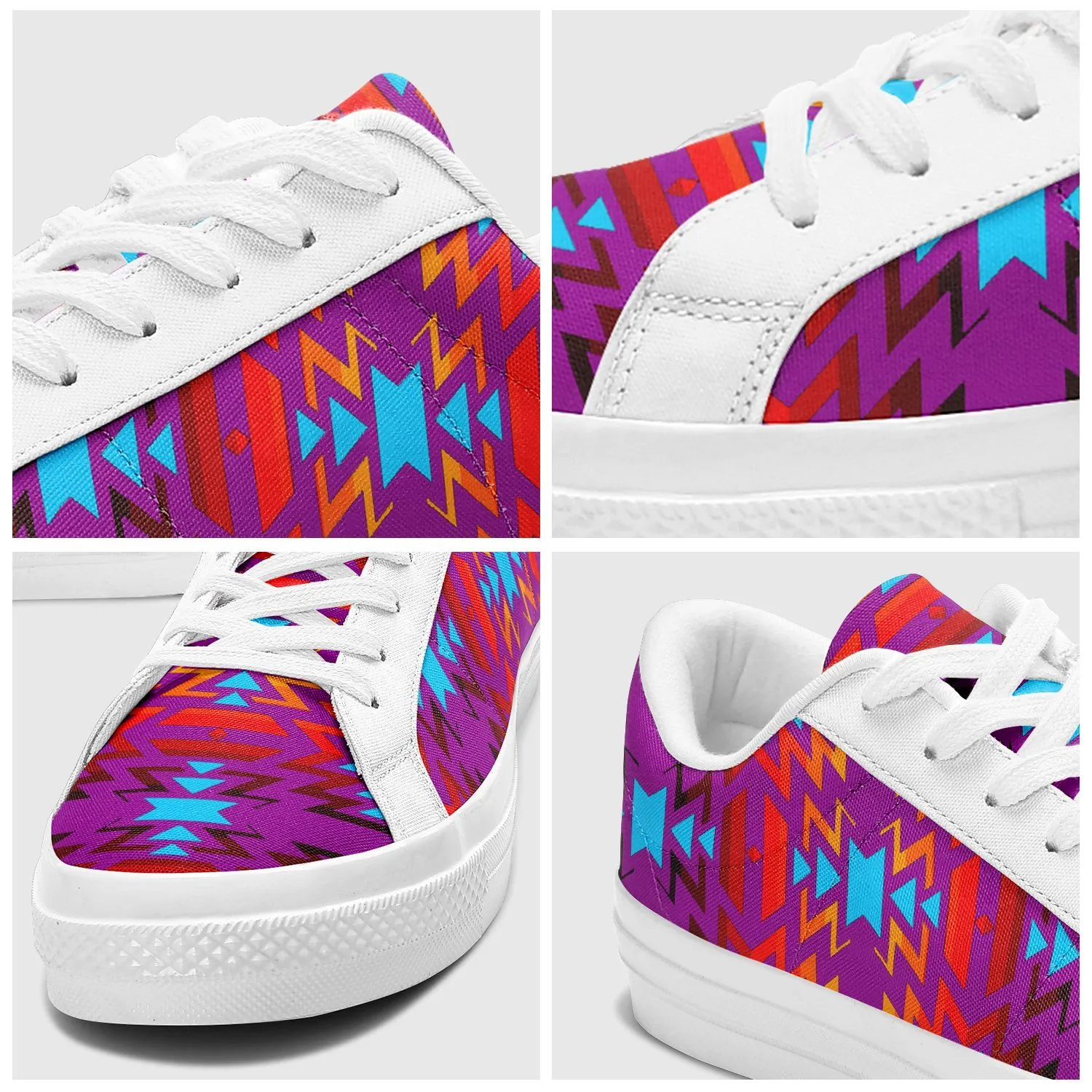 Big Pattern Fire Colors and Turquoise Purple Aapisi Low Top Canvas Shoes White Sole