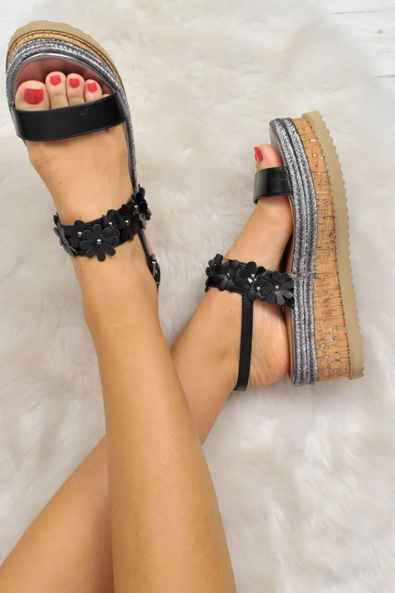 Black Flower Flatform Ankle Strap Sandals - Rylen