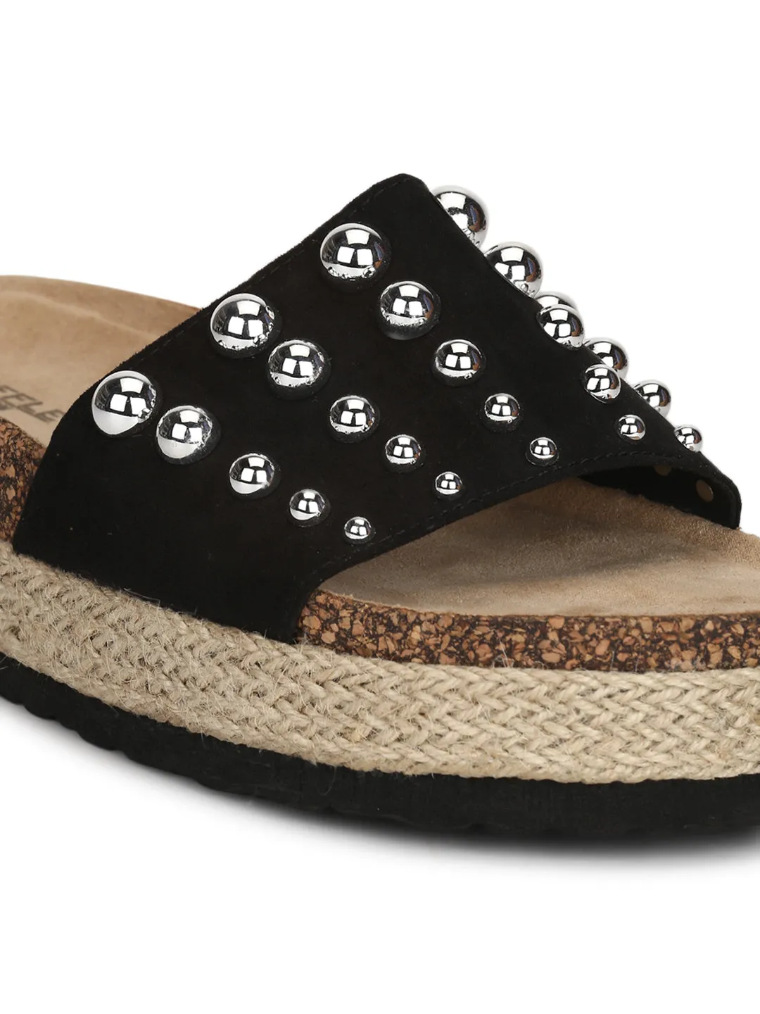 Black Micro Broad Beaded Strap Flatform Slip-on Wedges