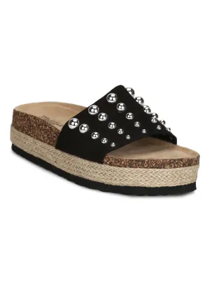 Black Micro Broad Beaded Strap Flatform Slip-on Wedges