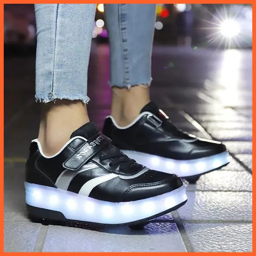 Black White Pink Led Roller Shoes Black  |  Kids Led Light Roller Heel Wheel Shoes  | Usb Rechargeable Shoes For Girls & Boys