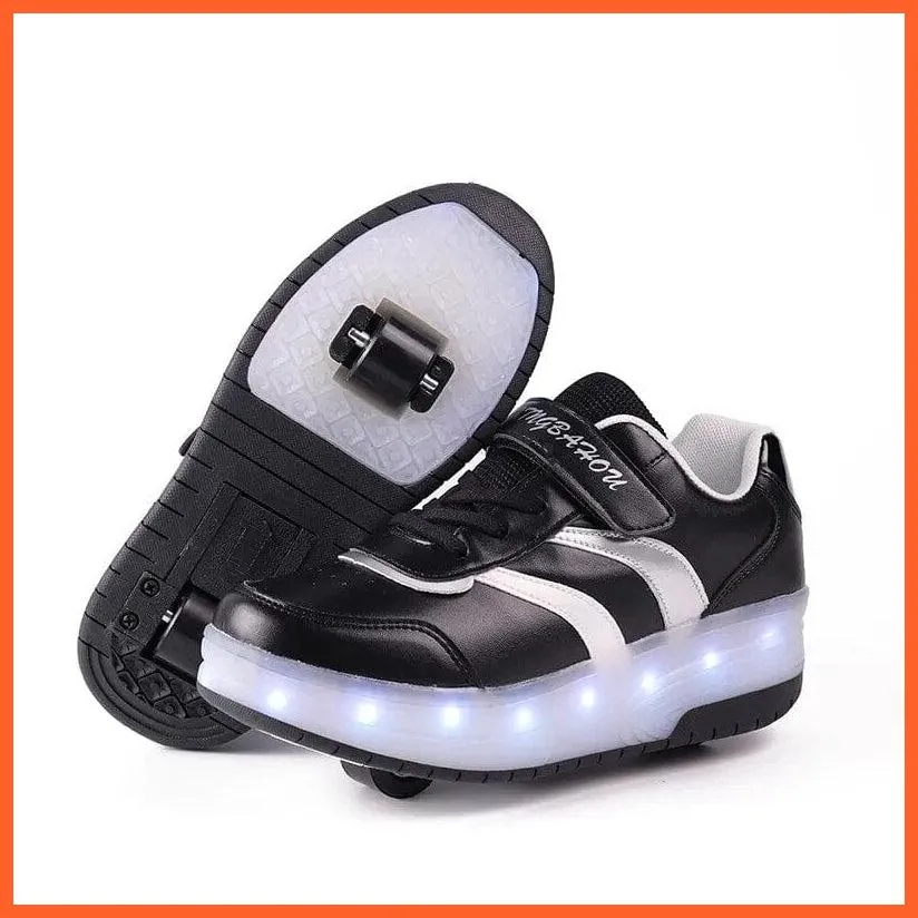 Black White Pink Led Roller Shoes Black  |  Kids Led Light Roller Heel Wheel Shoes  | Usb Rechargeable Shoes For Girls & Boys