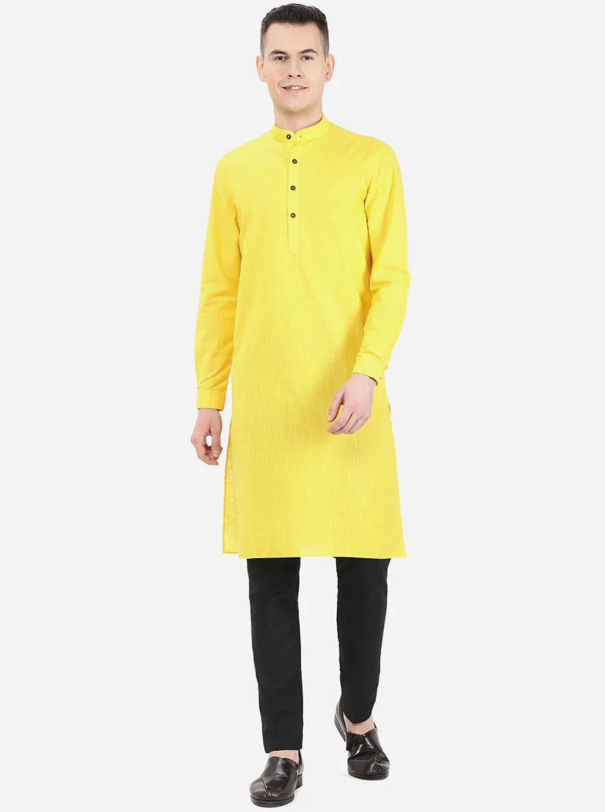 Bright Yellow Self Textured Regular Fit Modi Kurta | Modi Kurta