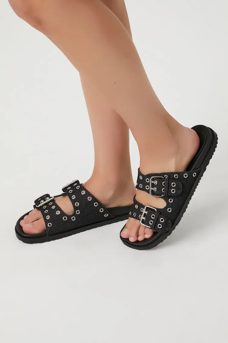 Buckled Denim Dual-Strap Sandals