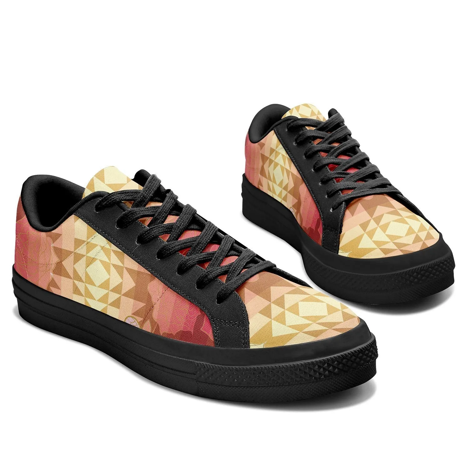 Butterfly and Roses on Geometric Aapisi Low Top Canvas Shoes Black Sole