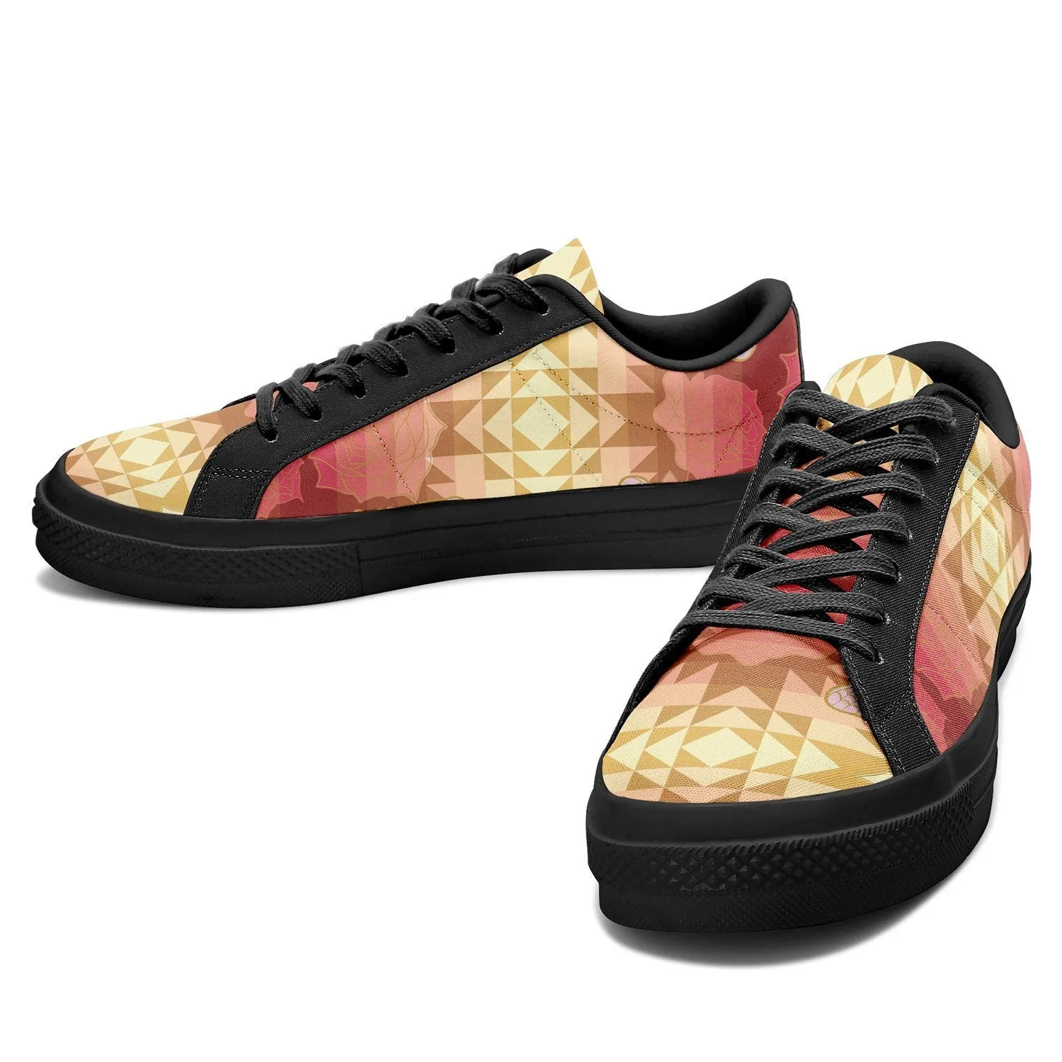 Butterfly and Roses on Geometric Aapisi Low Top Canvas Shoes Black Sole