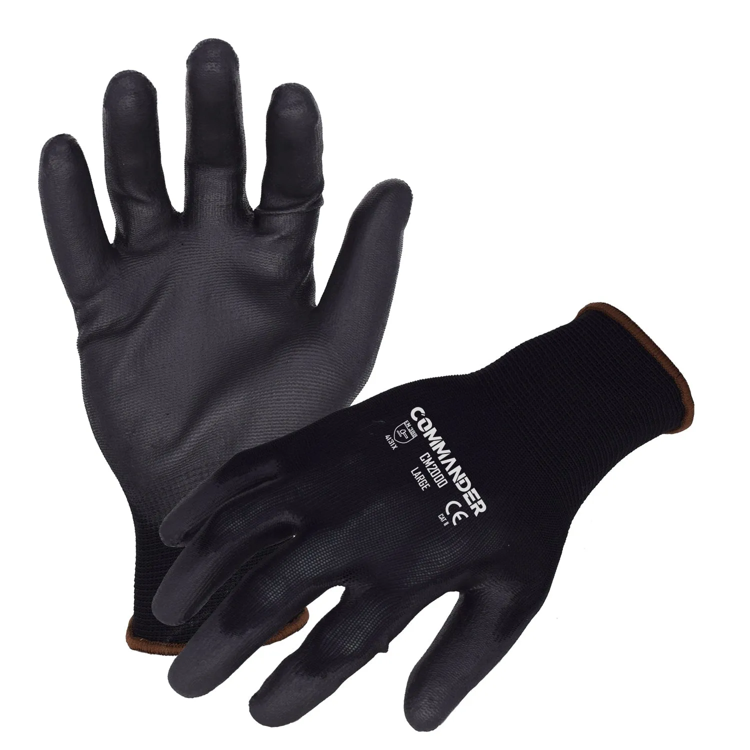 Commander(CM2000) General Purpose Work Gloves, 13-Guage Black Seamless Nylon Work Gloves w/ Black Polyurethane Palm/Finger Coating, X-Large, Case of 12 Pairs