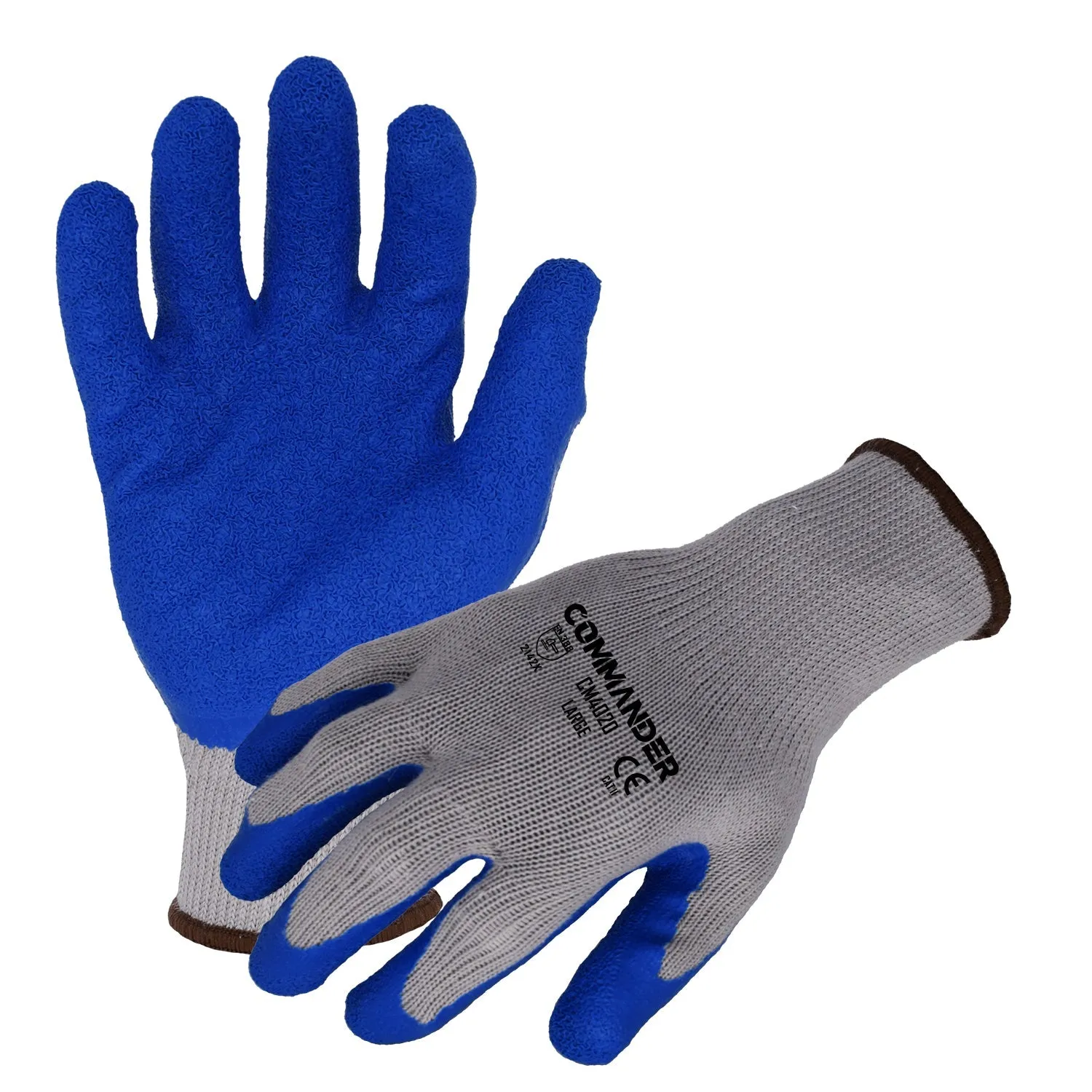 Commander(CM4020) General Purpose Work Gloves, 10-Gauge Gray Seamless Polyester/Cotton Gloves w/ Blue Crinkle Latex Palm/Finger Coating, Large, Case of 12 Pairs