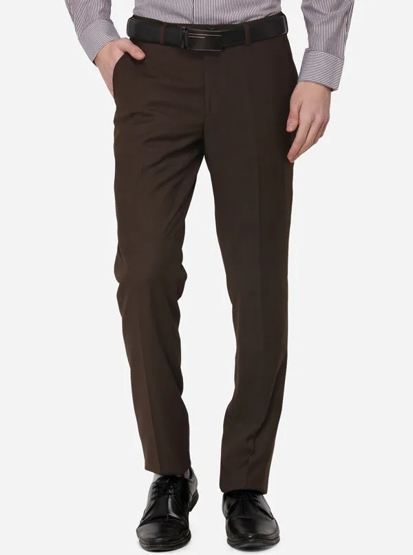 Dark Brown Solid Slim Fit Formal Trouser | Metal