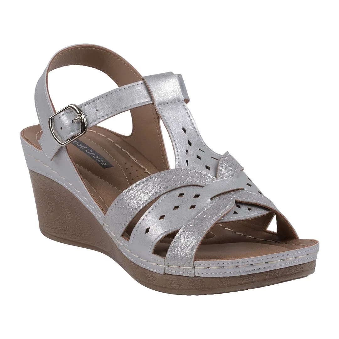 Darry Silver Perforated T-Strap Slingback Wedge Sandals