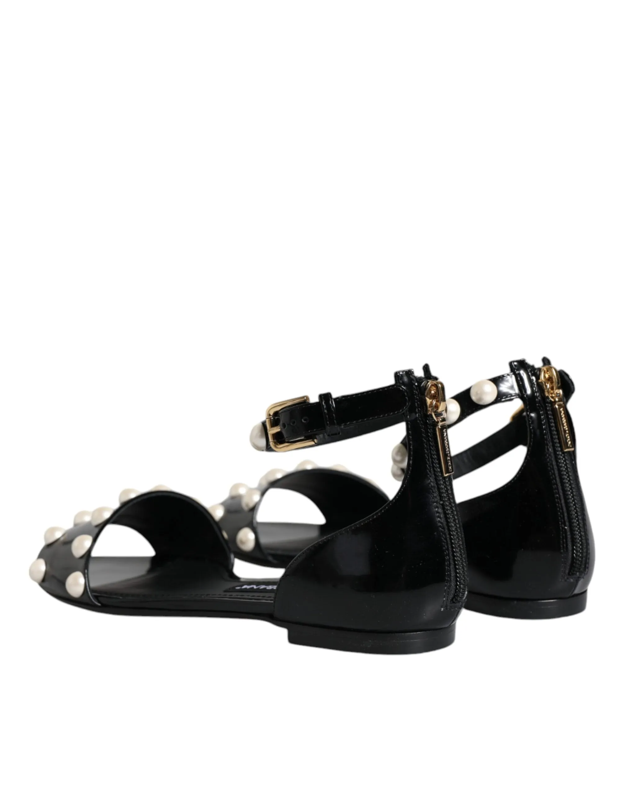 Dolce & Gabbana Black Leather Pearls Ankle Strap Sandals Shoes