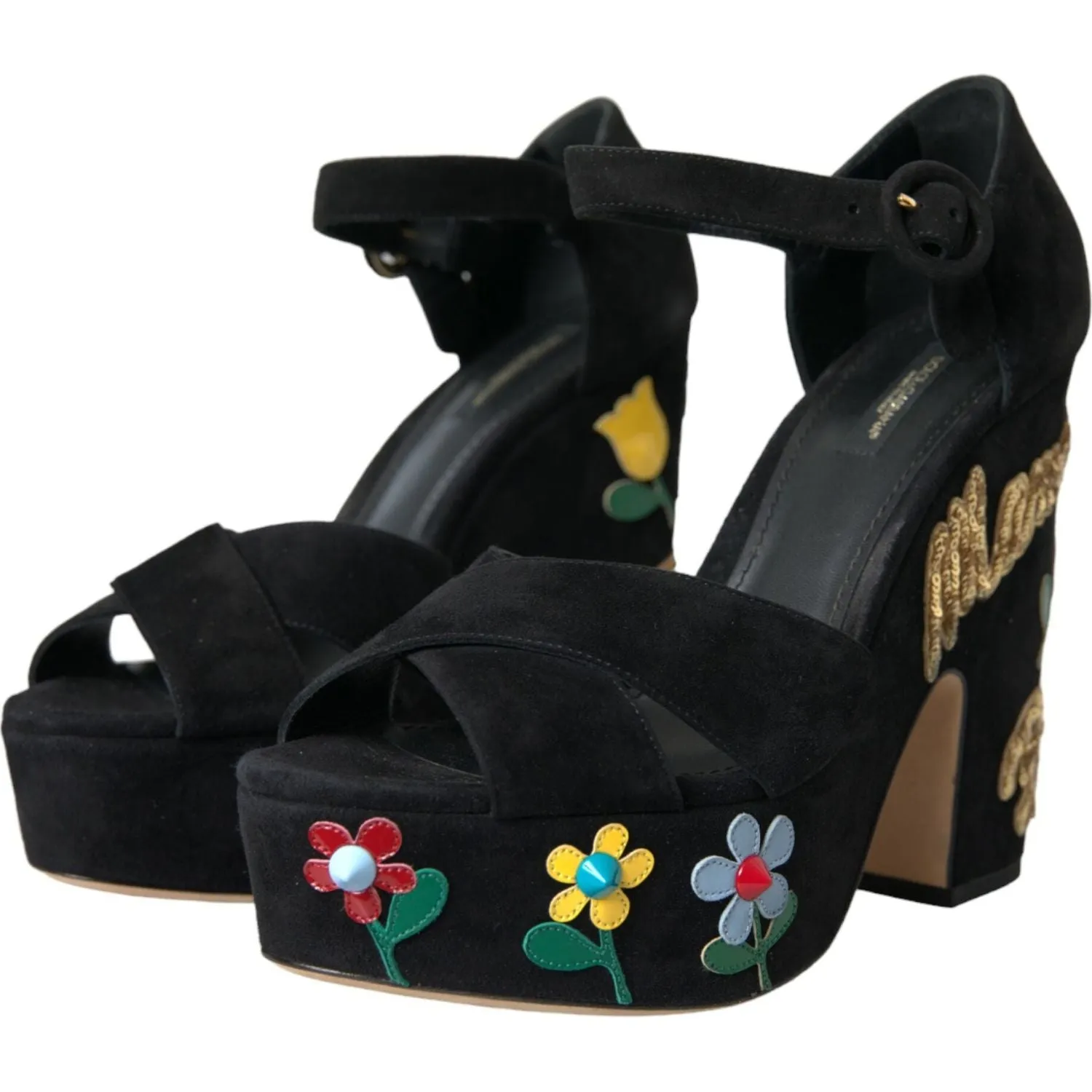 Dolce & Gabbana Black Suede Ankle Strap Heels Sandals Shoes