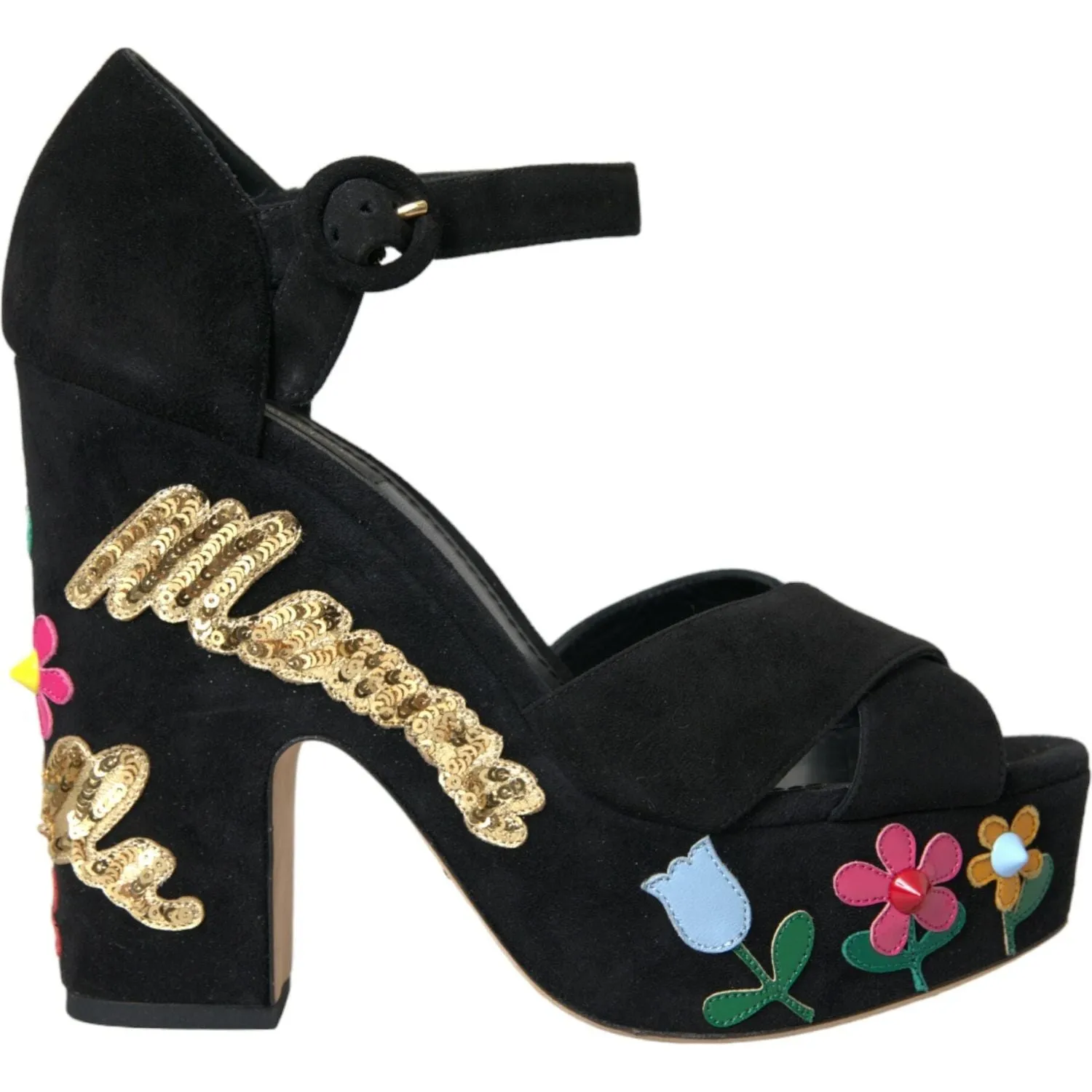 Dolce & Gabbana Black Suede Ankle Strap Heels Sandals Shoes