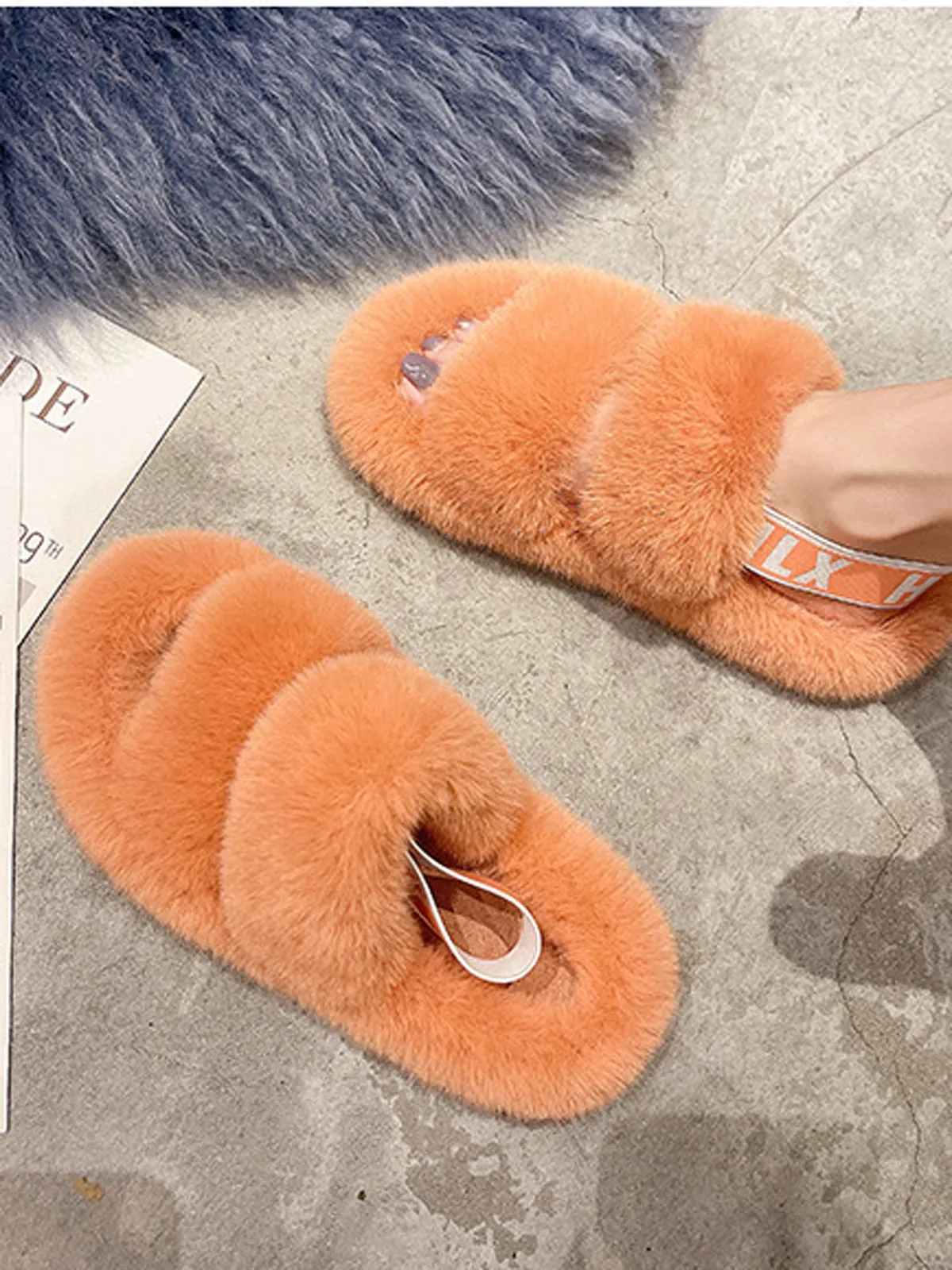 Double Strap Fluffy Slippers With Elasticated Band -Orange