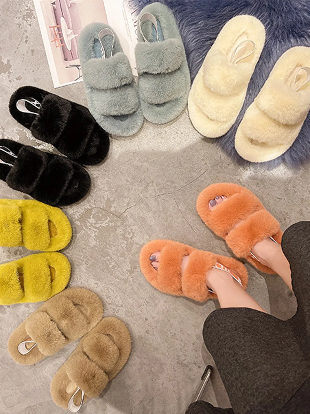 Double Strap Fluffy Slippers With Elasticated Band -Orange