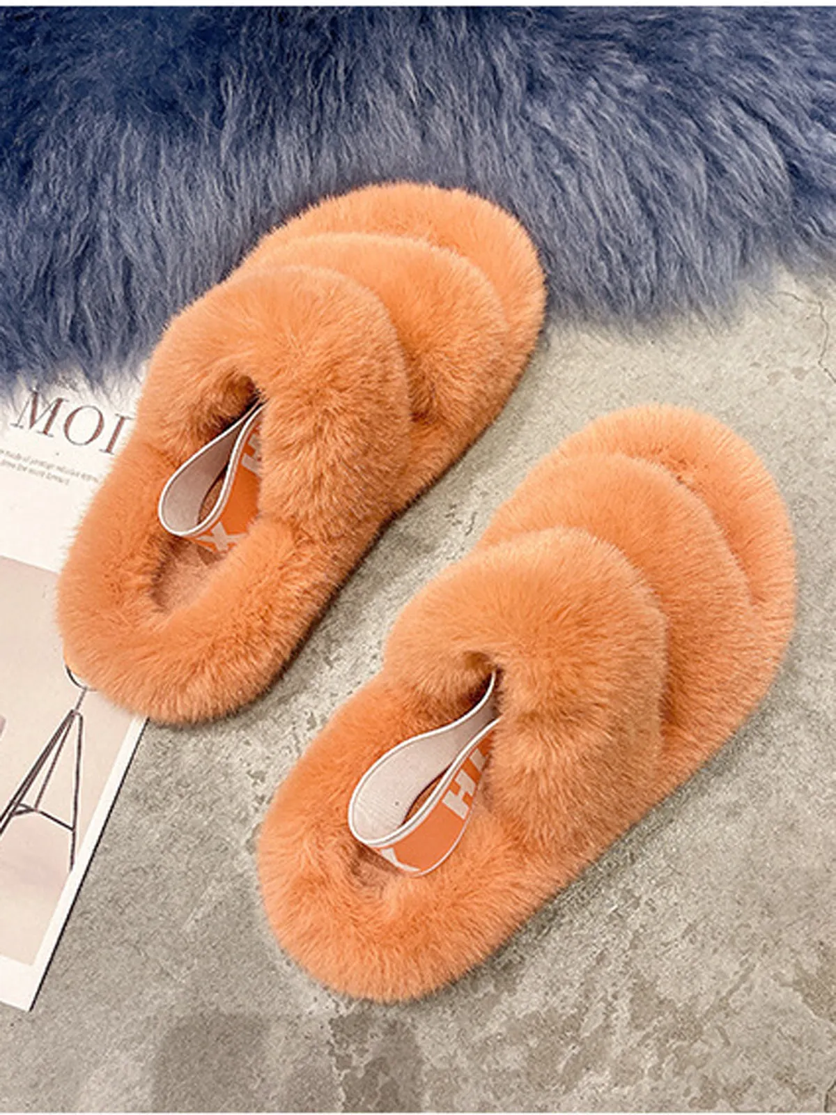 Double Strap Fluffy Slippers With Elasticated Band -Orange