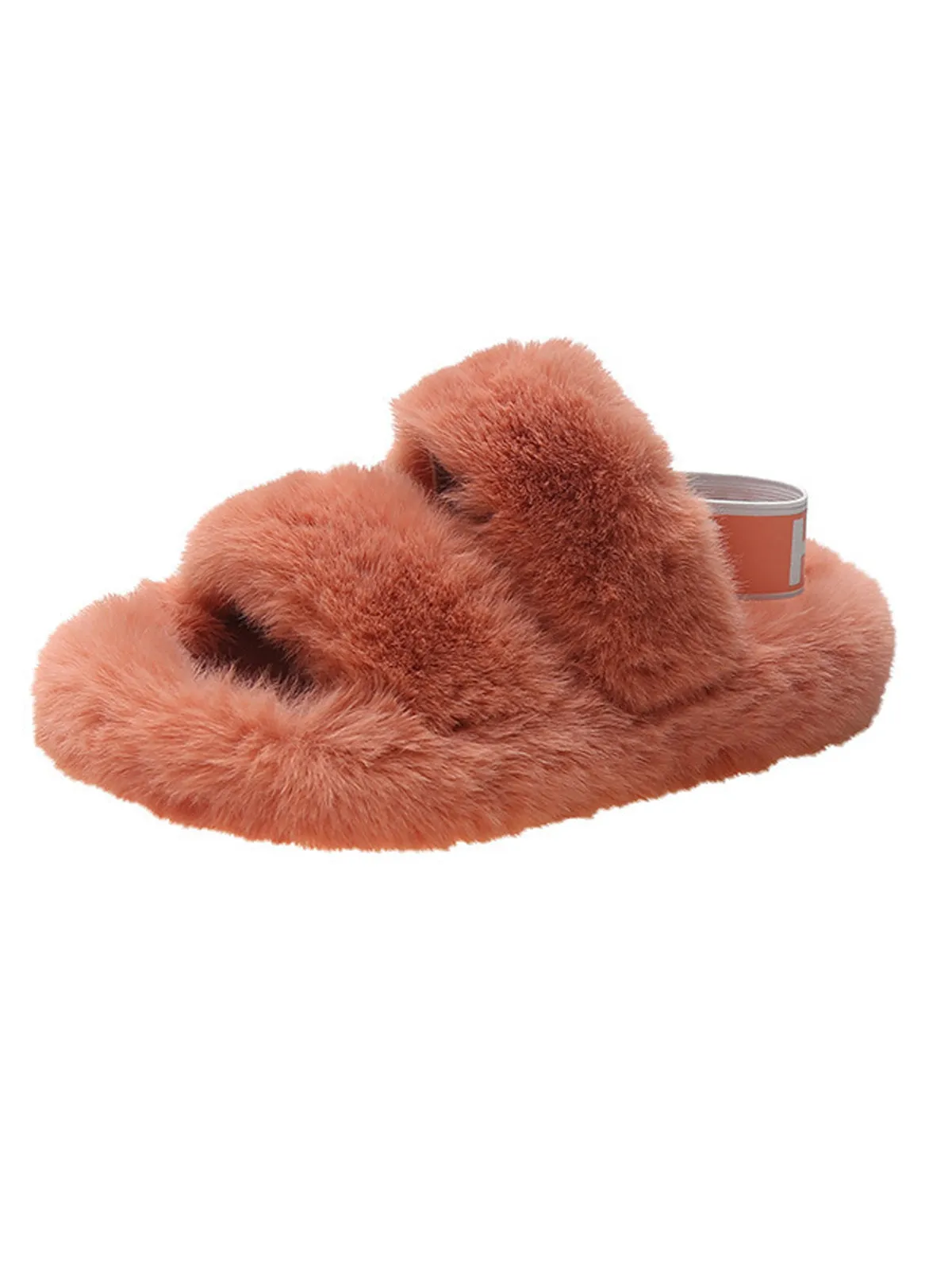 Double Strap Fluffy Slippers With Elasticated Band -Orange