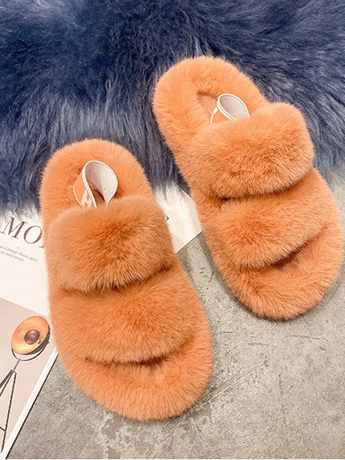 Double Strap Fluffy Slippers With Elasticated Band -Orange