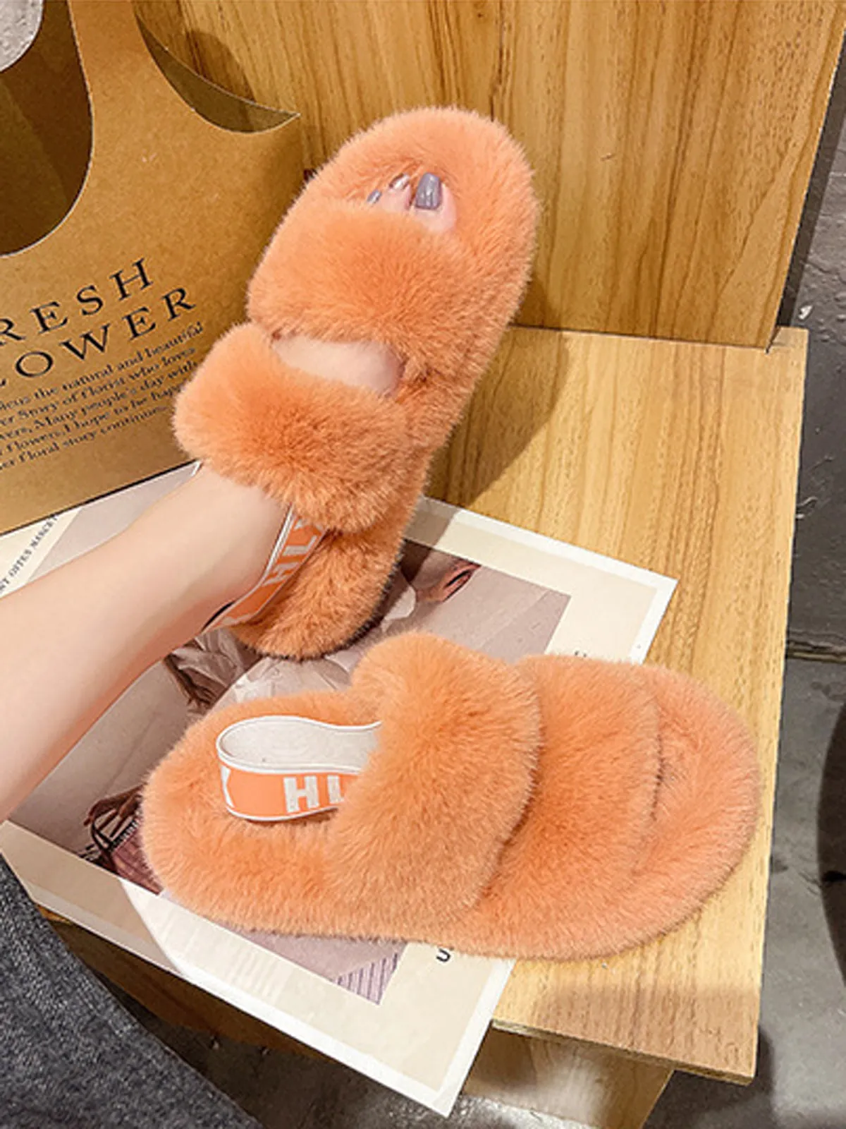 Double Strap Fluffy Slippers With Elasticated Band -Orange