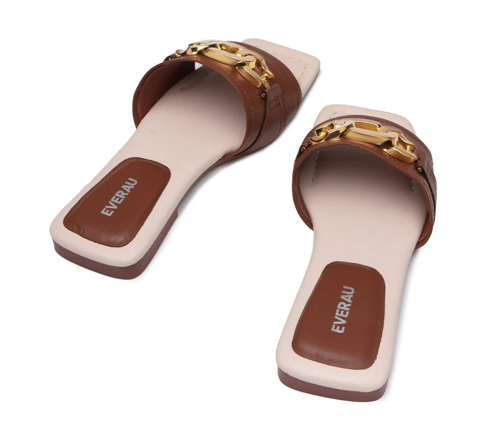 EVERAU® Women Leather Gold Buckle Flat Slides Chela