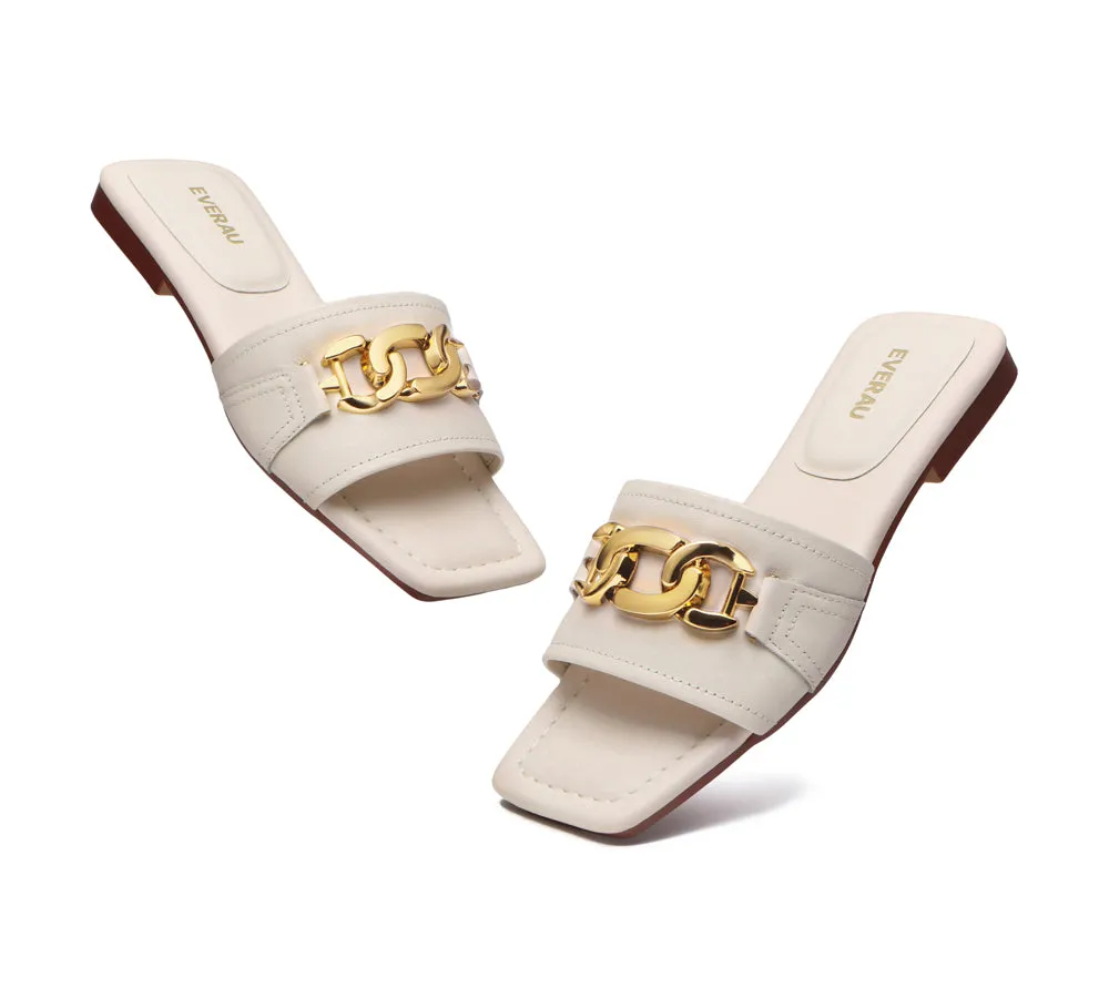 EVERAU® Women Leather Gold Buckle Flat Slides Chela