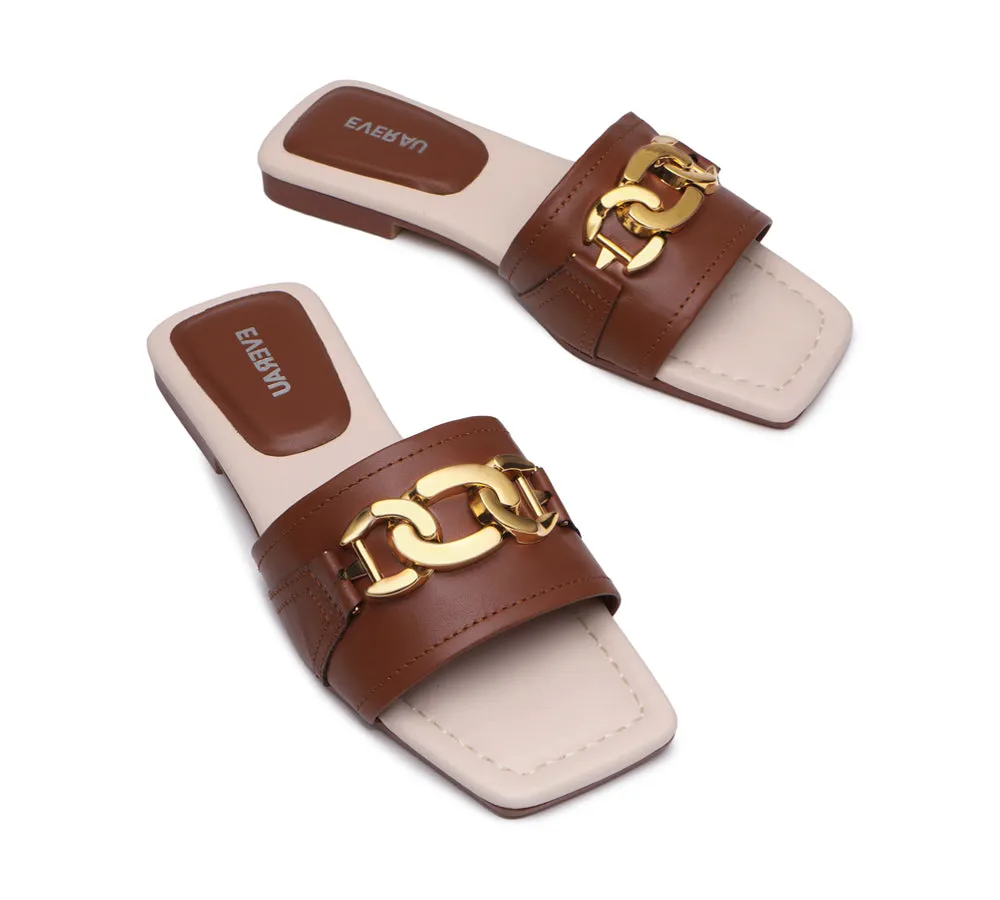 EVERAU® Women Leather Gold Buckle Flat Slides Chela