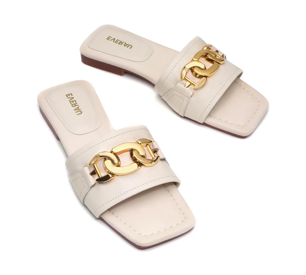 EVERAU® Women Leather Gold Buckle Flat Slides Chela