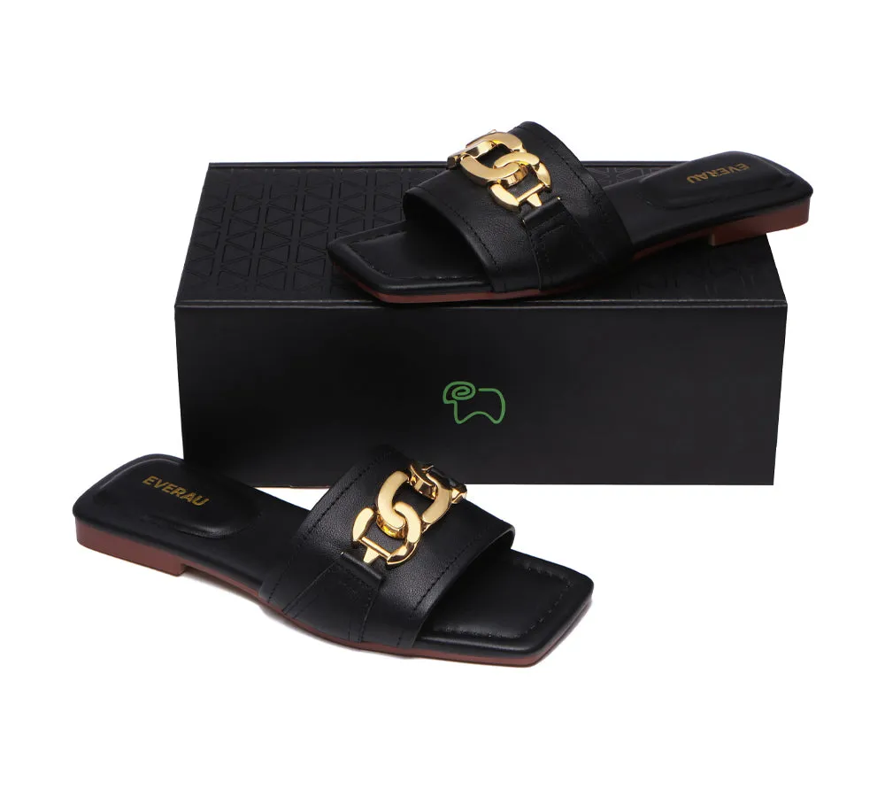 EVERAU® Women Leather Gold Buckle Flat Slides Chela