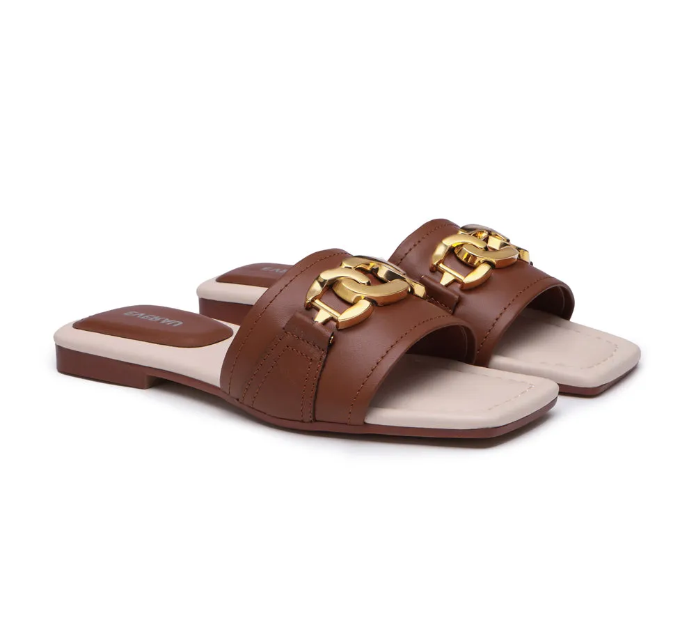 EVERAU® Women Leather Gold Buckle Flat Slides Chela