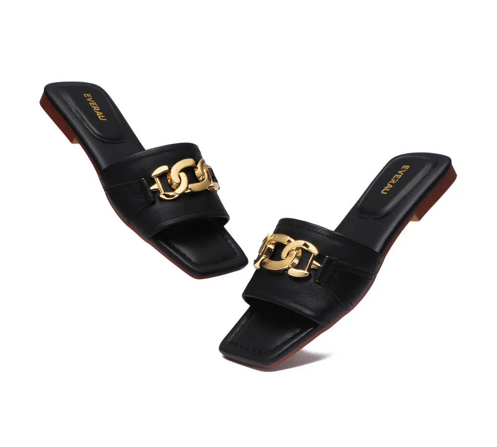 EVERAU® Women Leather Gold Buckle Flat Slides Chela