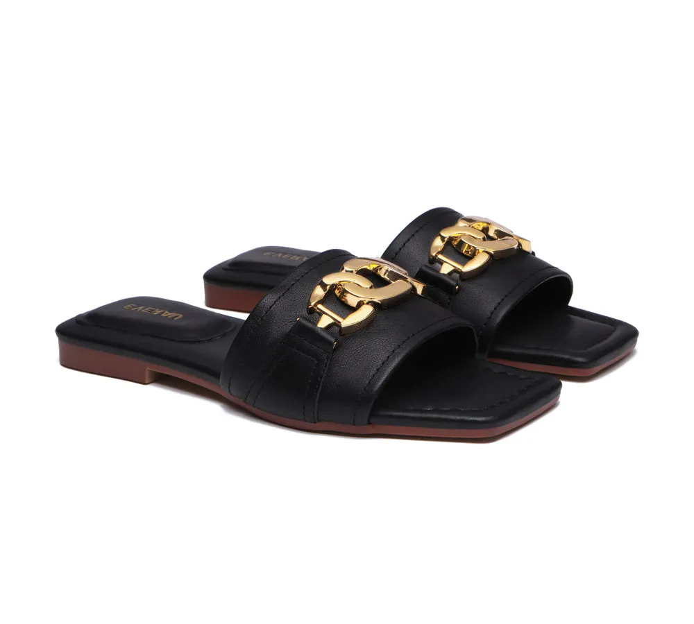 EVERAU® Women Leather Gold Buckle Flat Slides Chela