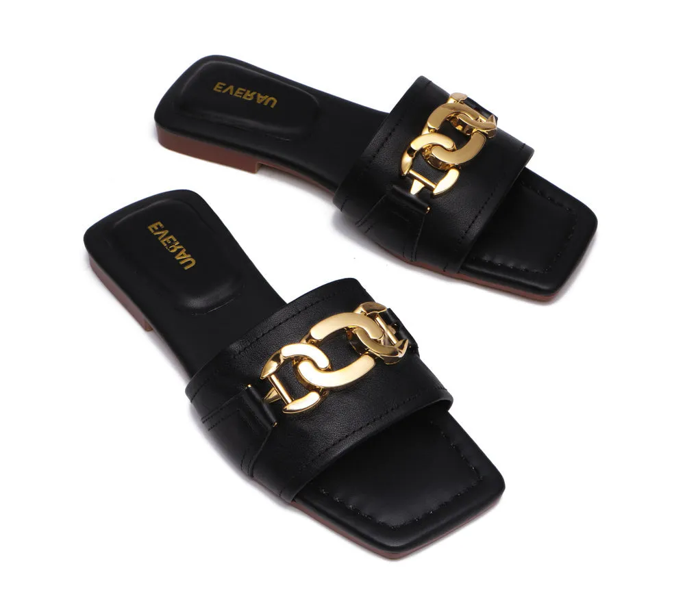 EVERAU® Women Leather Gold Buckle Flat Slides Chela