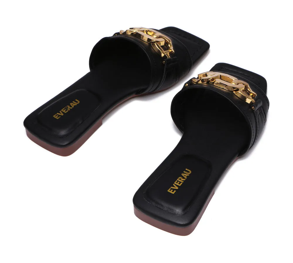 EVERAU® Women Leather Gold Buckle Flat Slides Chela