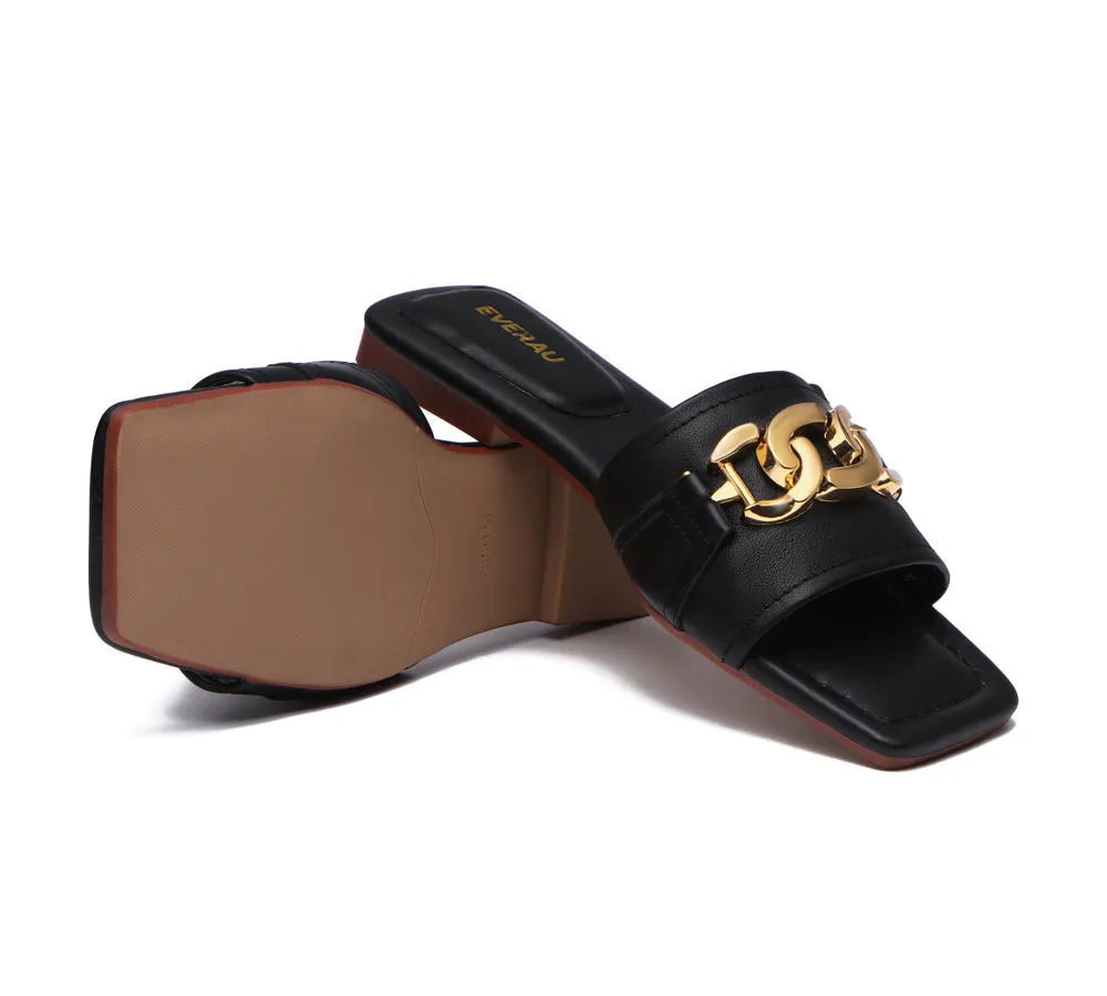 EVERAU® Women Leather Gold Buckle Flat Slides Chela