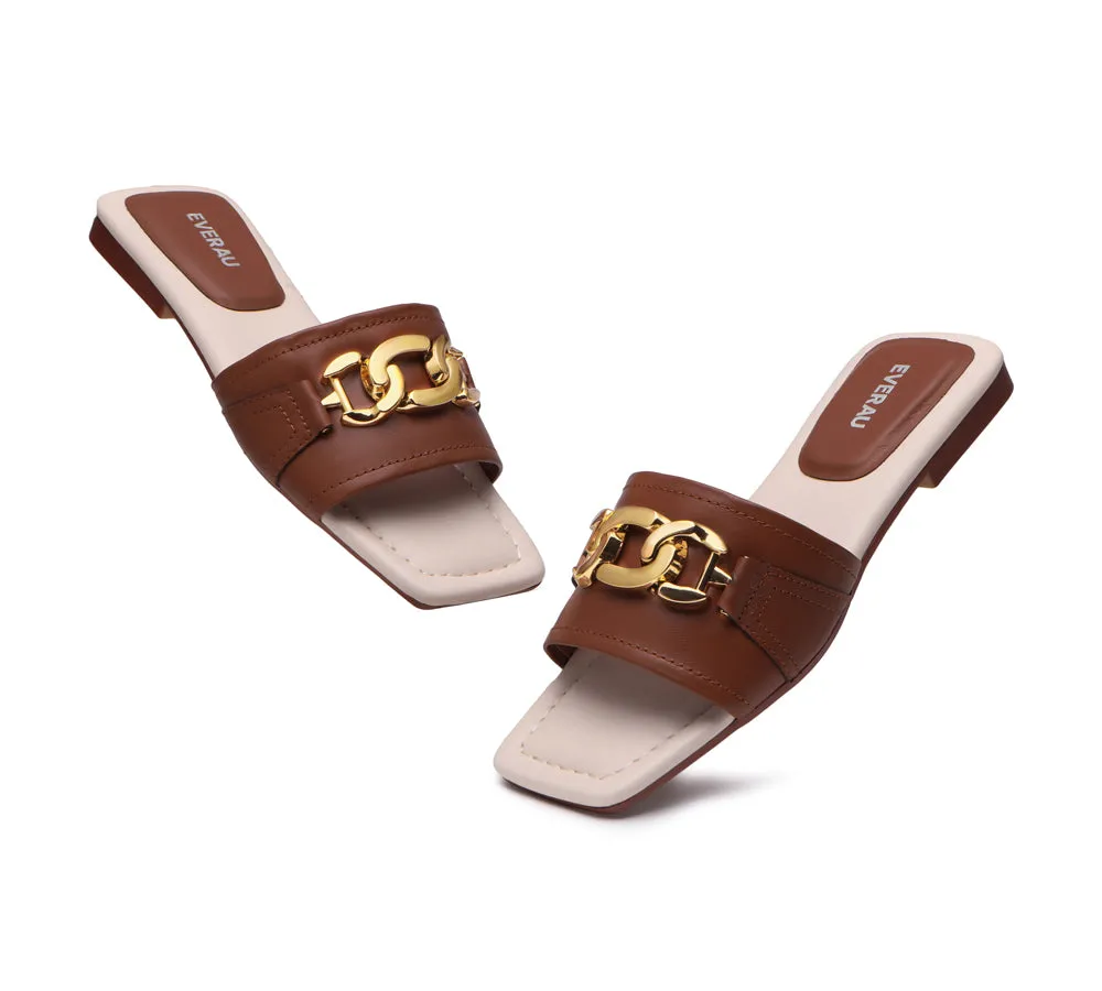 EVERAU® Women Leather Gold Buckle Flat Slides Chela