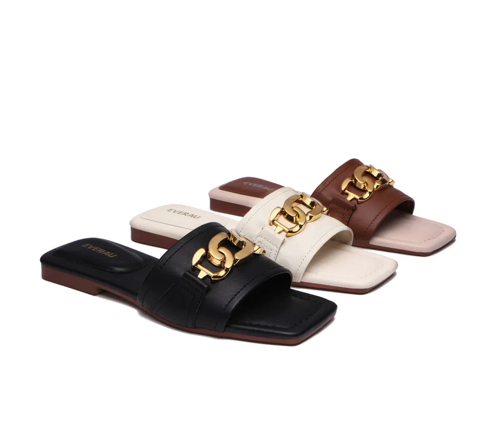 EVERAU® Women Leather Gold Buckle Flat Slides Chela