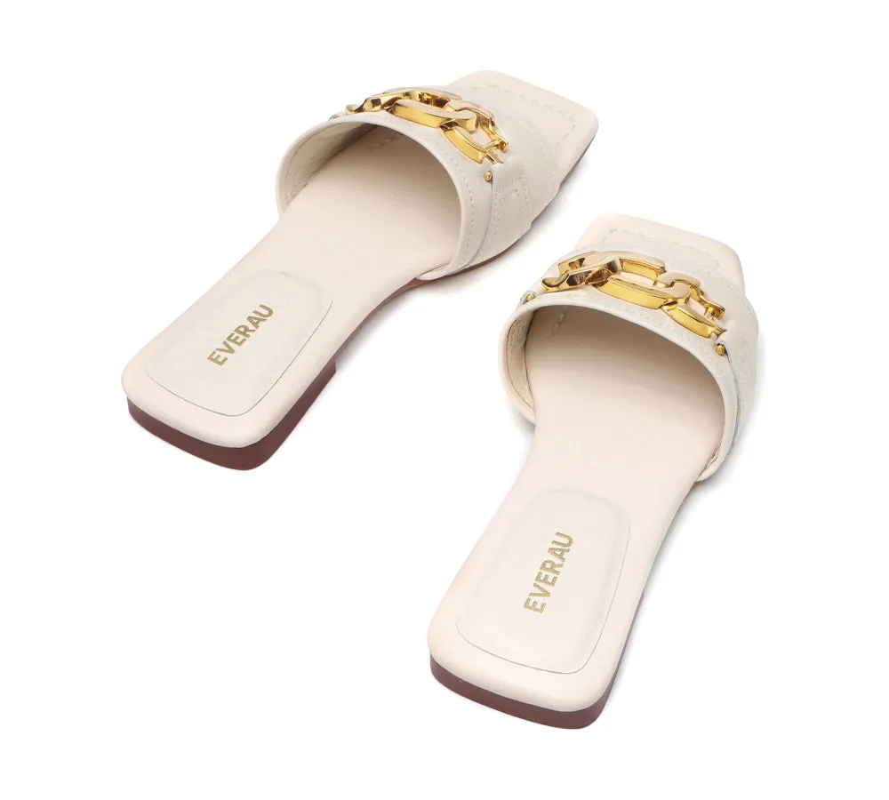 EVERAU® Women Leather Gold Buckle Flat Slides Chela